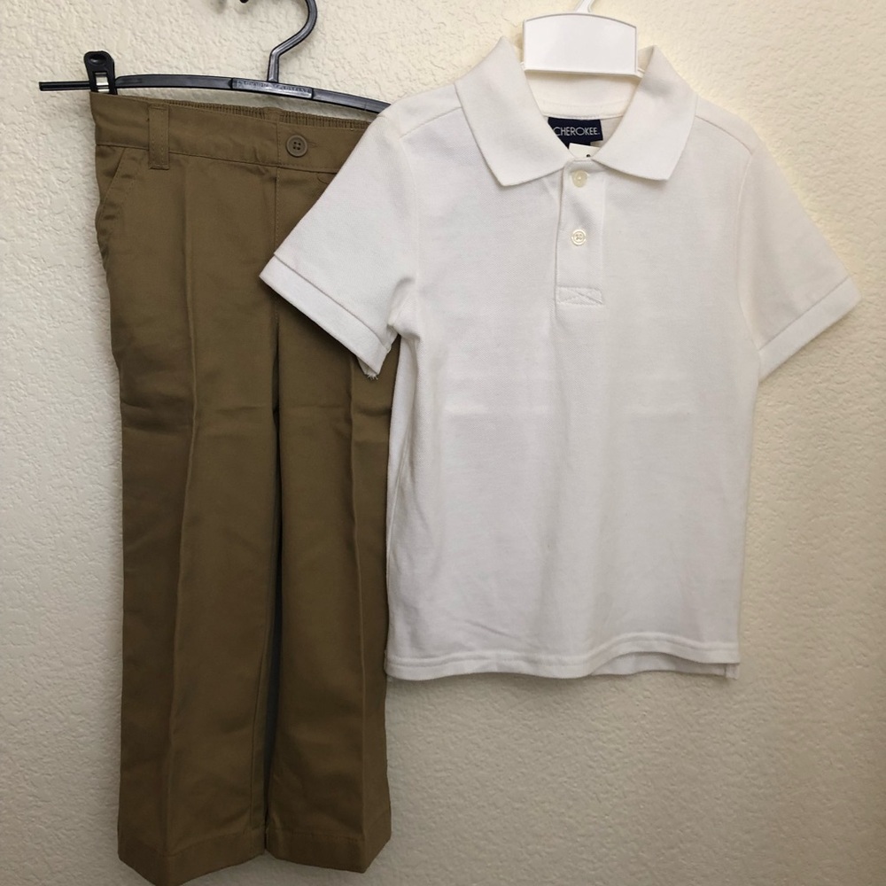 CHEROKEE Boys 4T Uniform Set White Polo Shirt + Tan Pants 2-piece NWT